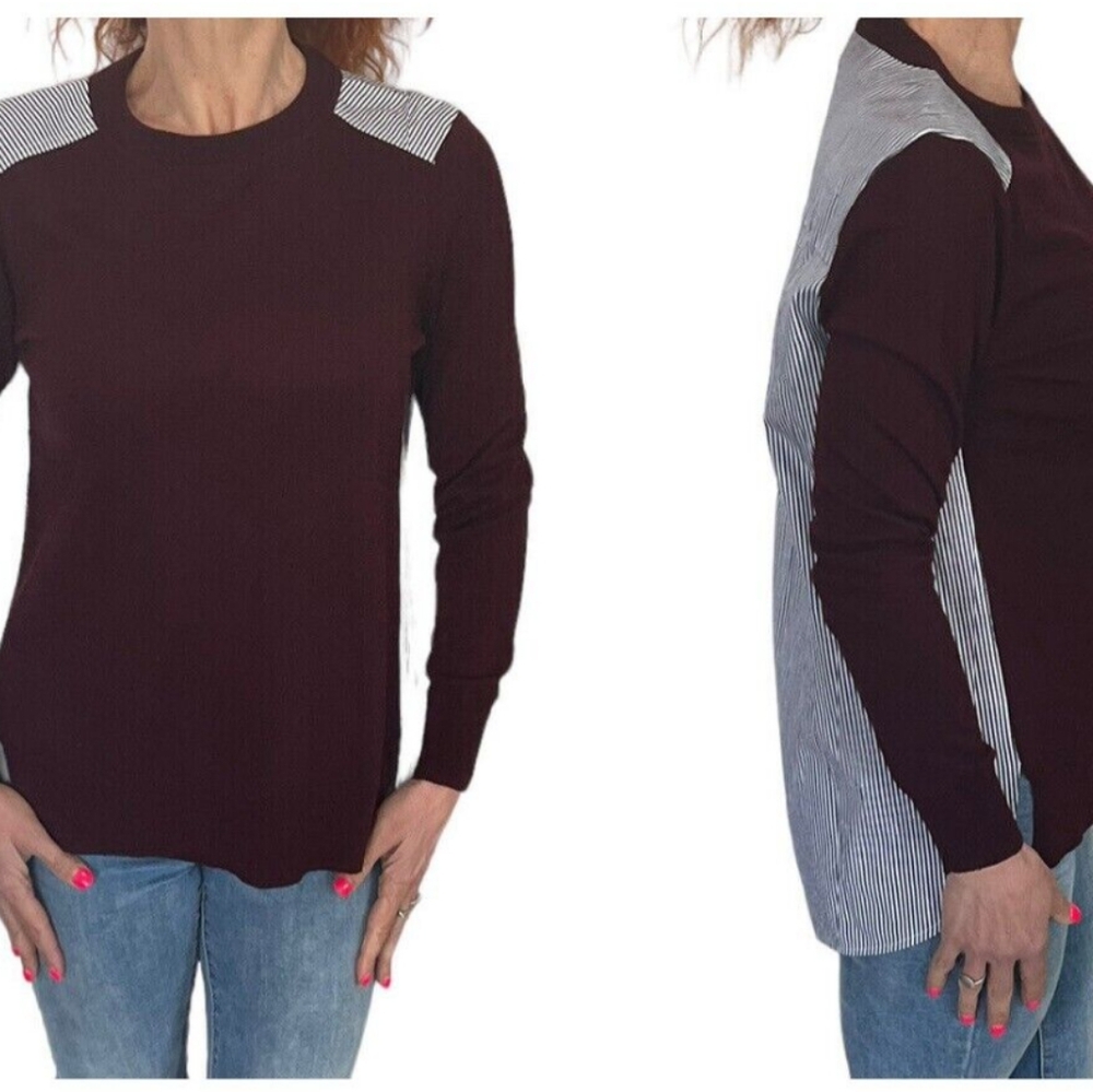 -J. Crew Burgundy and White Crew Neck Merino Wool Blend Sweater